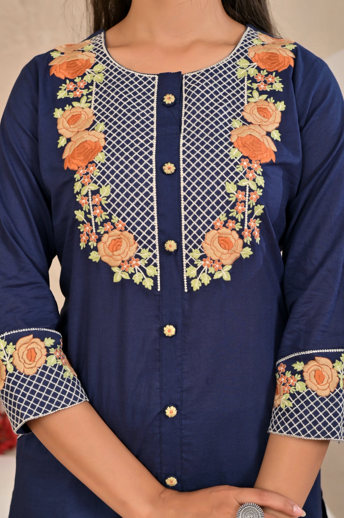 Women’s Embroidered Kurta Set with Floral Yoke & Button Detailing