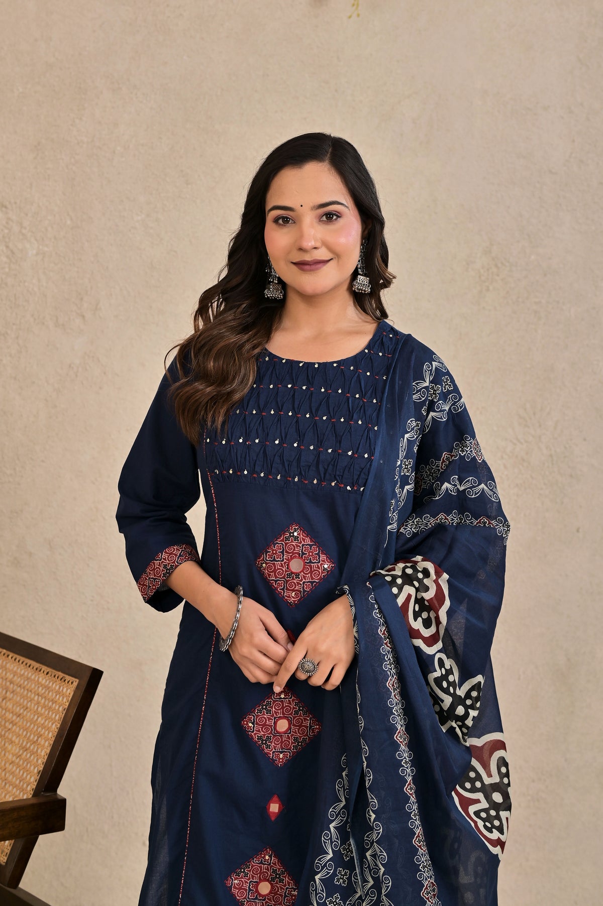 Women’s Straight Patchwork Kurta Pant Dupatta Set with Mirror Work