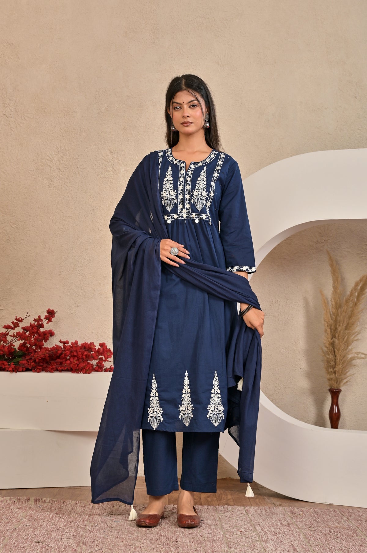 Women’s Embroidered Kurta Pant Dupatta Set with Tassels