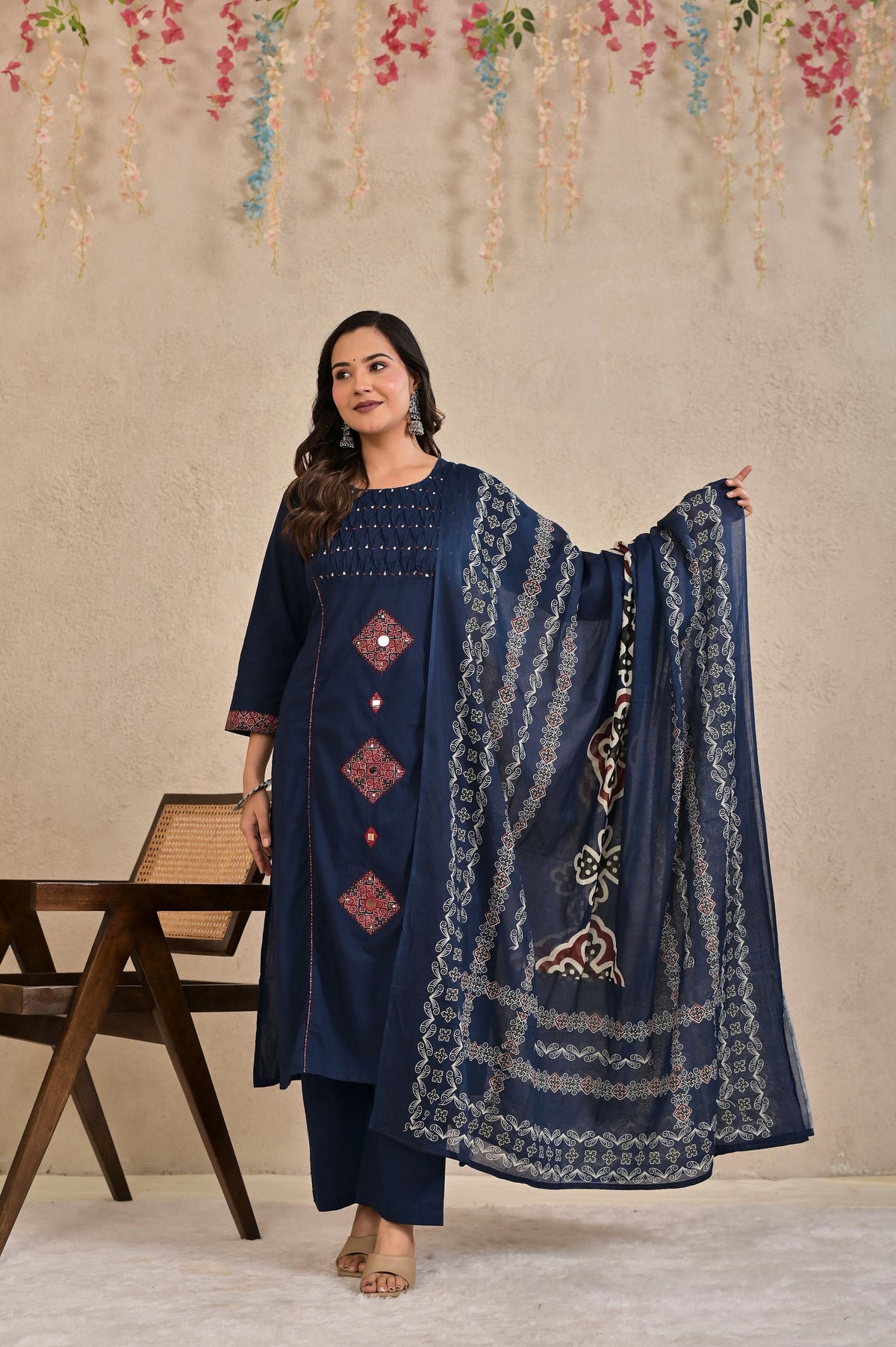 Women’s Straight Patchwork Kurta Pant Dupatta Set with Mirror Work