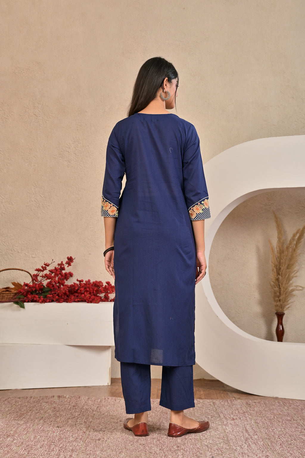 Women’s Embroidered Kurta Set with Floral Yoke & Button Detailing