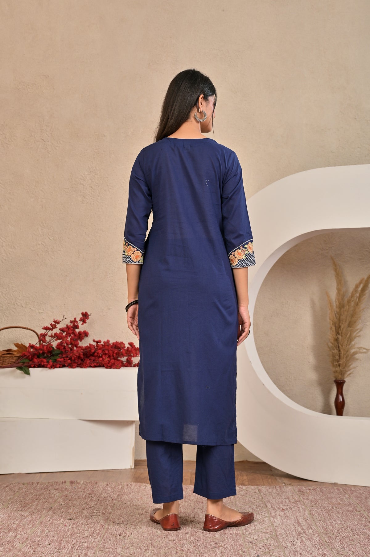 Women’s Embroidered Kurta Set with Floral Yoke & Button Detailing
