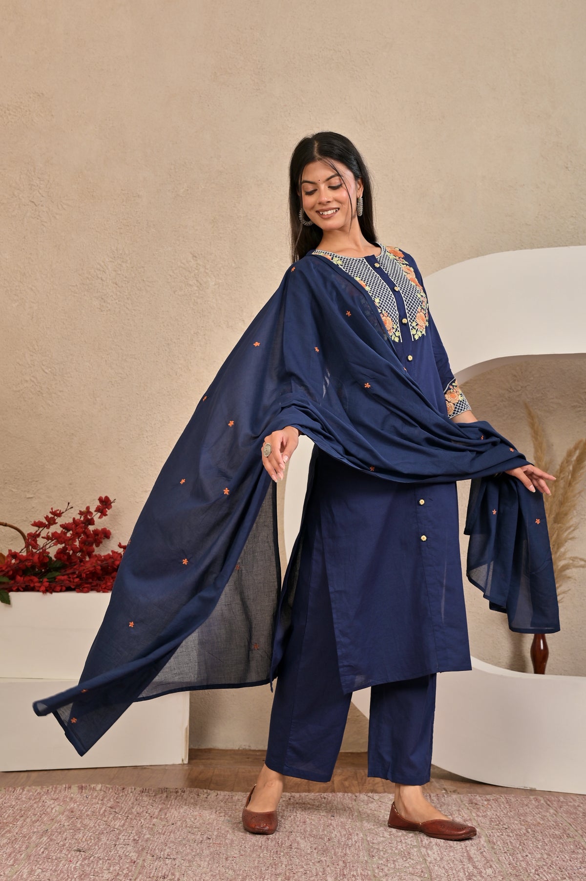 Women’s Embroidered Kurta Set with Floral Yoke & Button Detailing