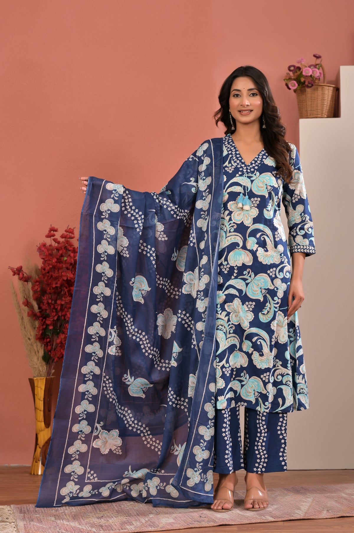 Women’s Floral Print A-Line Kurta Pant Dupatta Set with Handwork