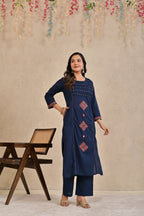 Women’s Straight Patchwork Kurta Pant Dupatta Set with Mirror Work