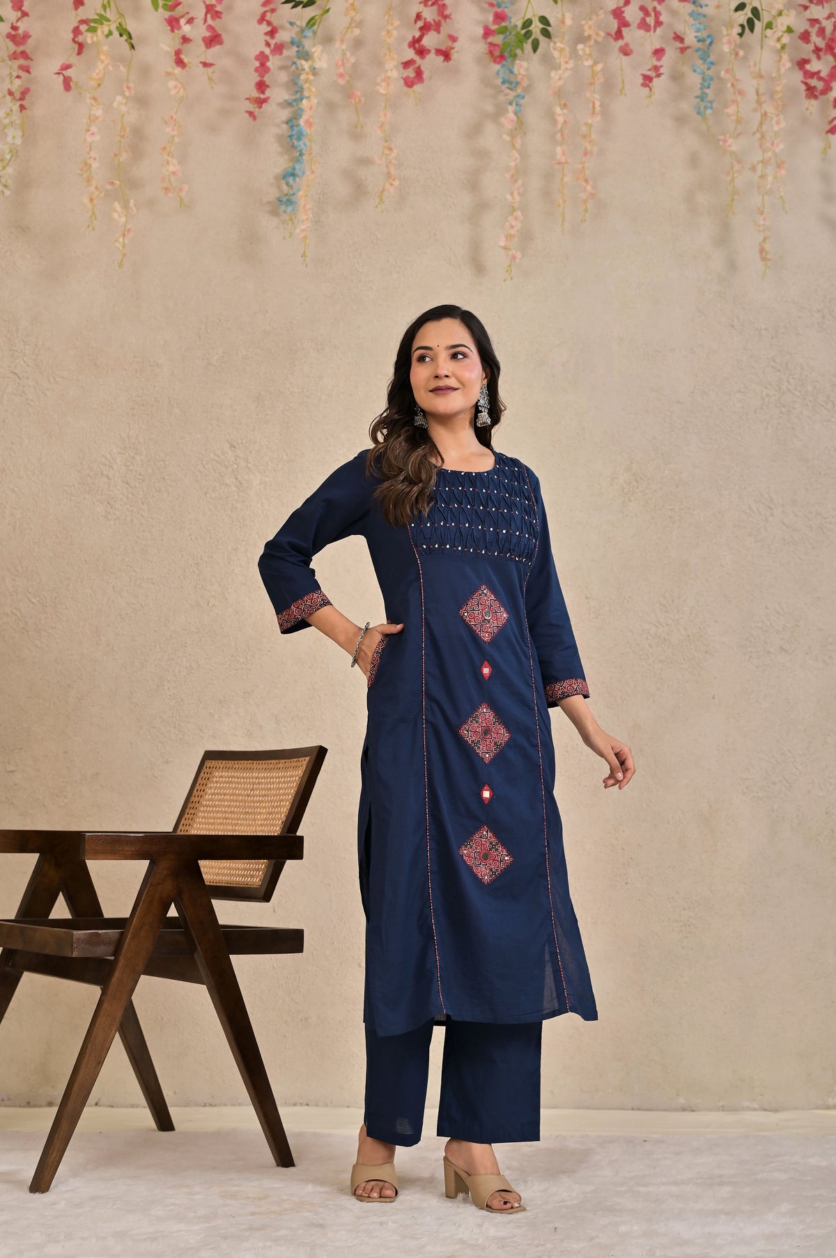 Women’s Straight Patchwork Kurta Pant Dupatta Set with Mirror Work