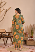 Women’s Printed Straight Kurta Pant Dupatta Set with Embroidered Yoke & Tassels