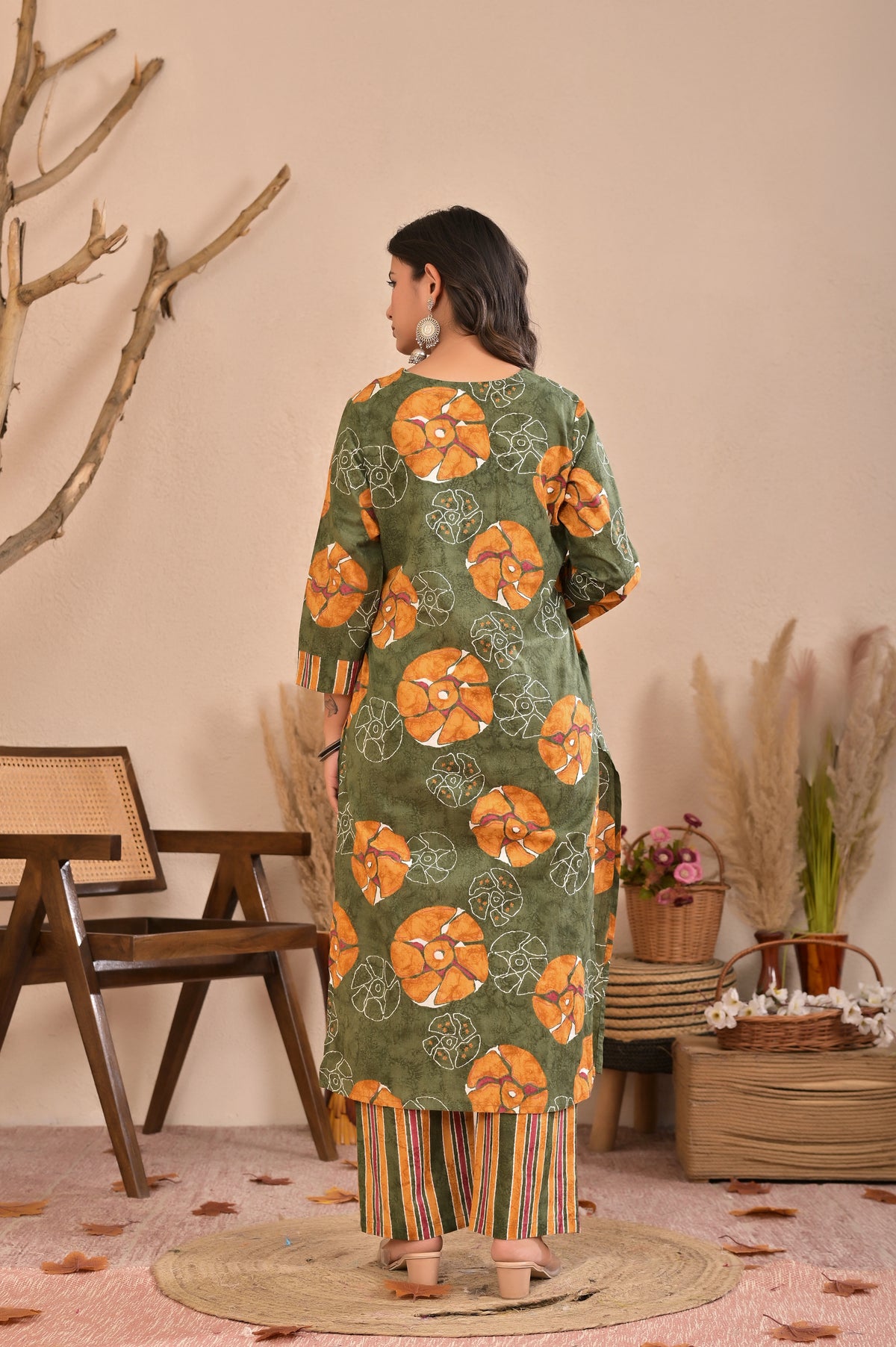 Women’s Printed Straight Kurta Pant Dupatta Set with Embroidered Yoke & Tassels