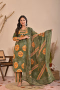 Women’s Printed Straight Kurta Pant Dupatta Set with Embroidered Yoke & Tassels