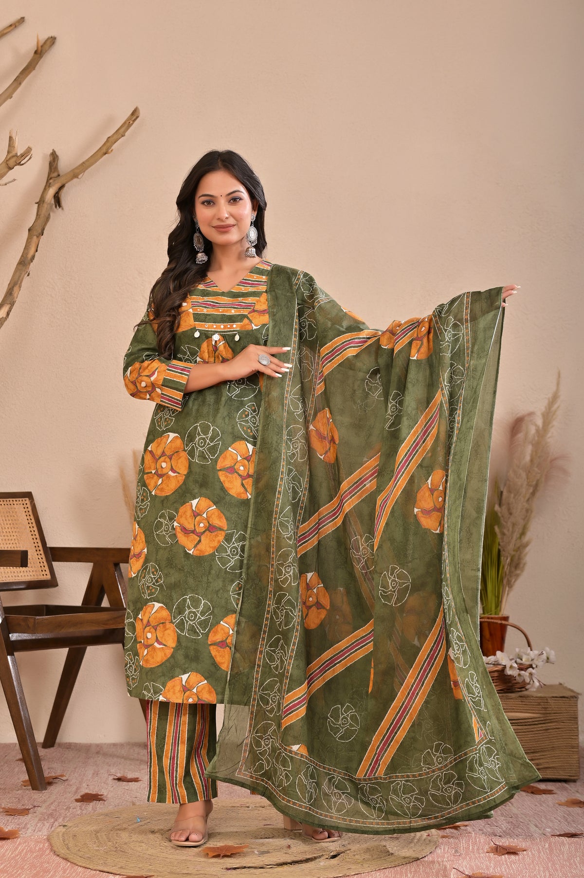 Women’s Printed Straight Kurta Pant Dupatta Set with Embroidered Yoke & Tassels