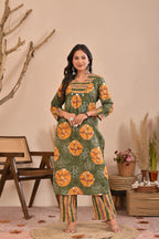 Women’s Printed Straight Kurta Pant Dupatta Set with Embroidered Yoke & Tassels