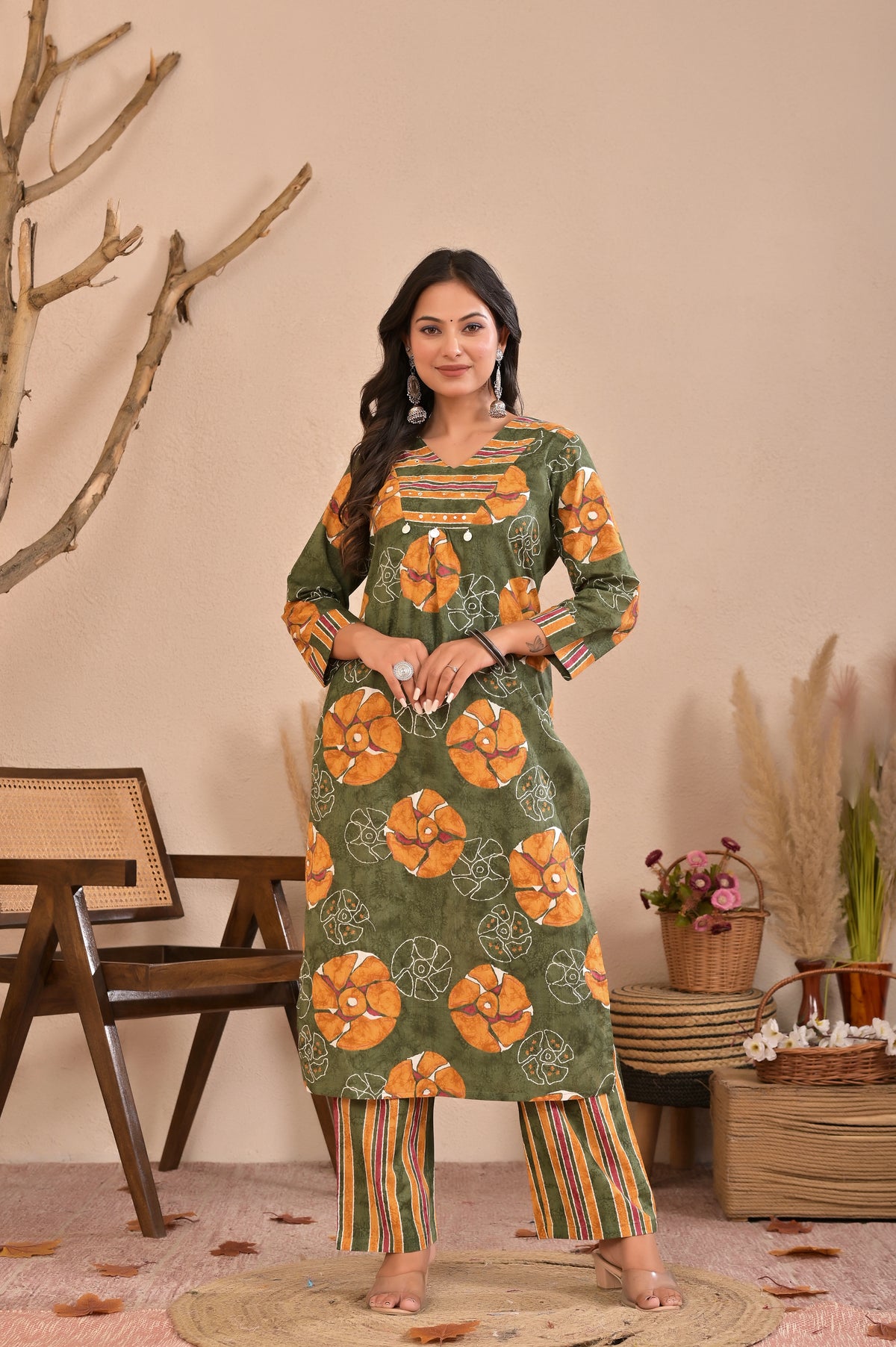 Women’s Printed Straight Kurta Pant Dupatta Set with Embroidered Yoke & Tassels
