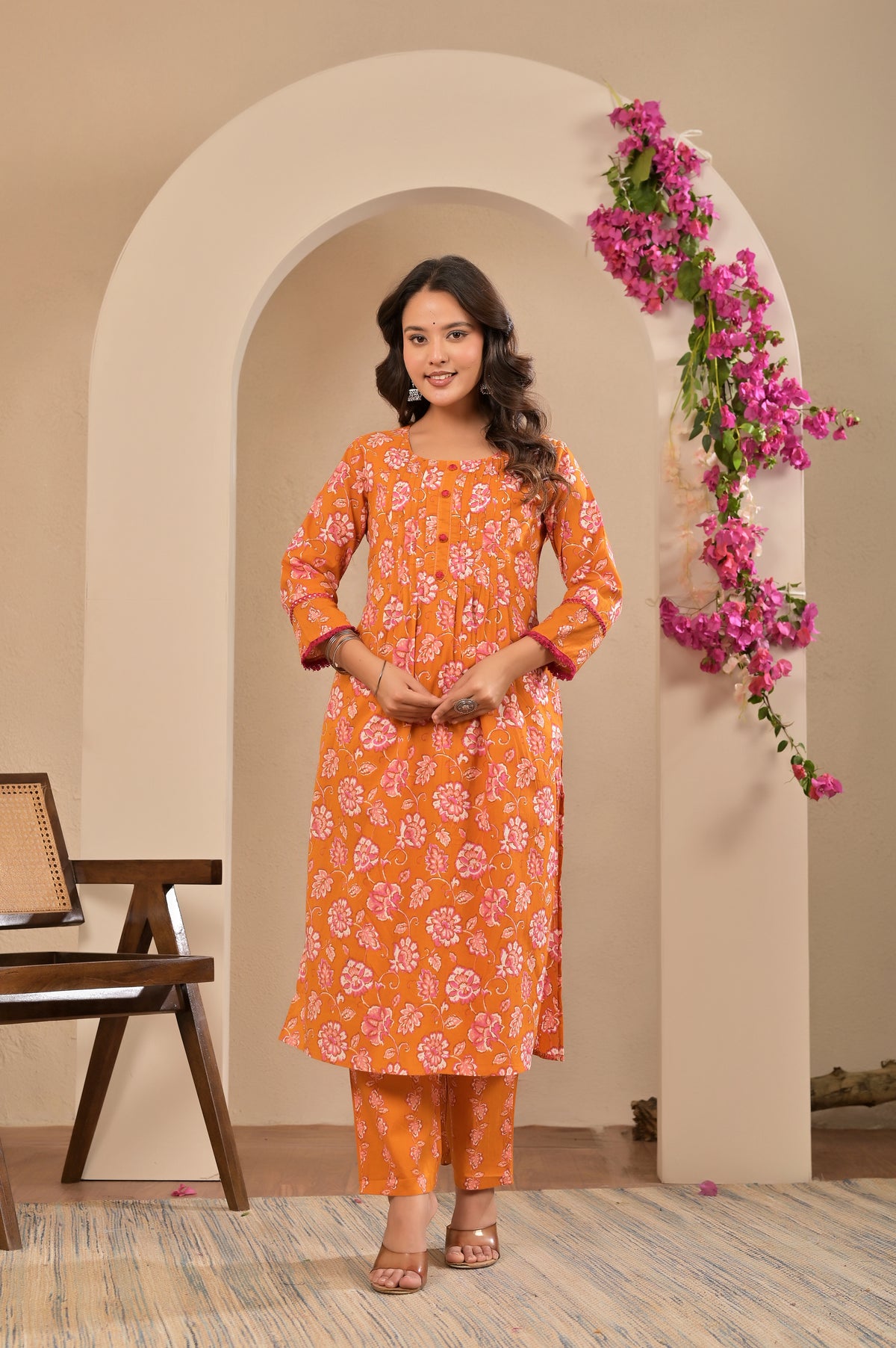 Women’s A-Line Printed Kurta Pant Dupatta Set with Handwork & Button Detail