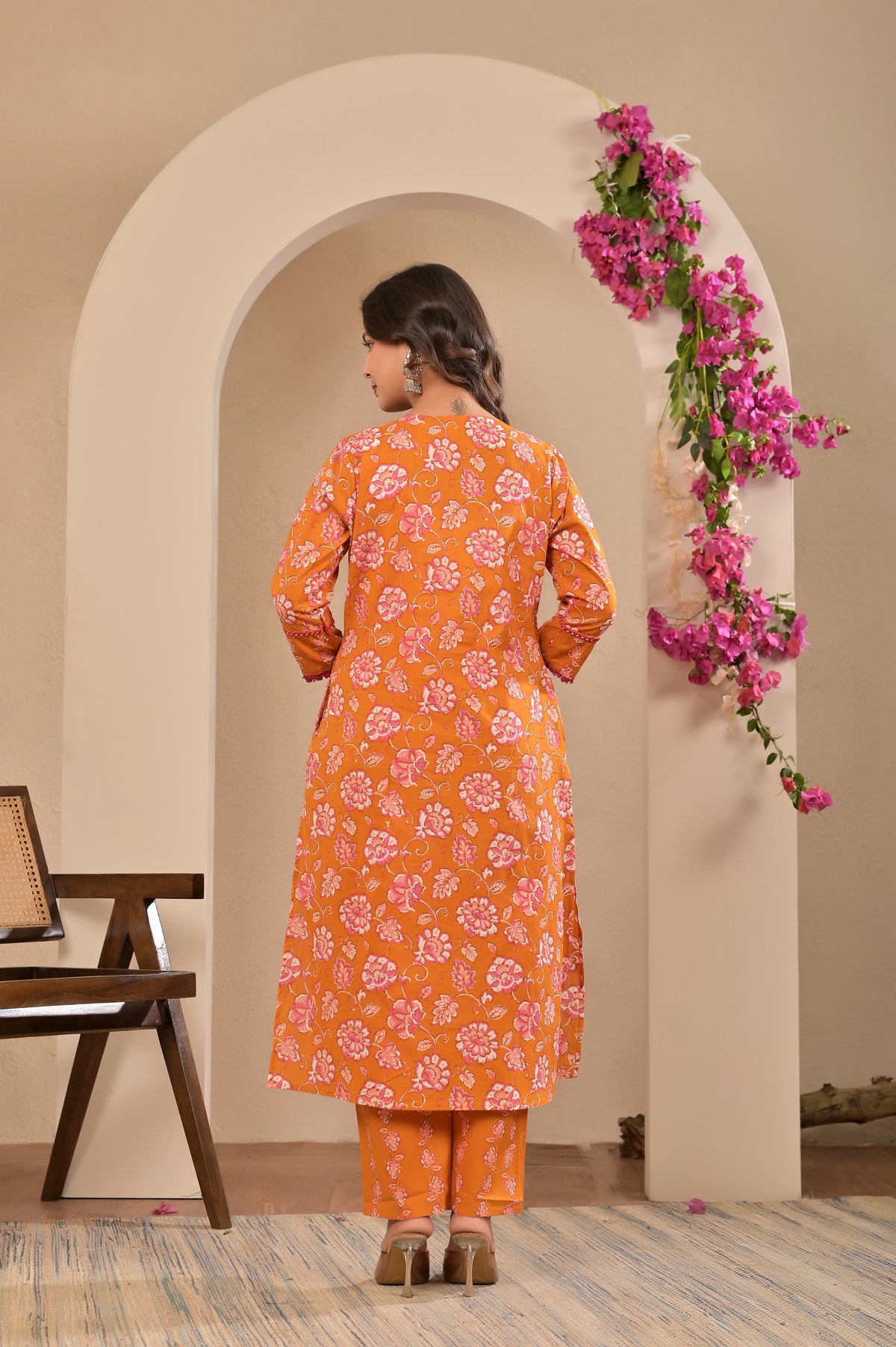 Women’s A-Line Printed Kurta Pant Dupatta Set with Handwork & Button Detail
