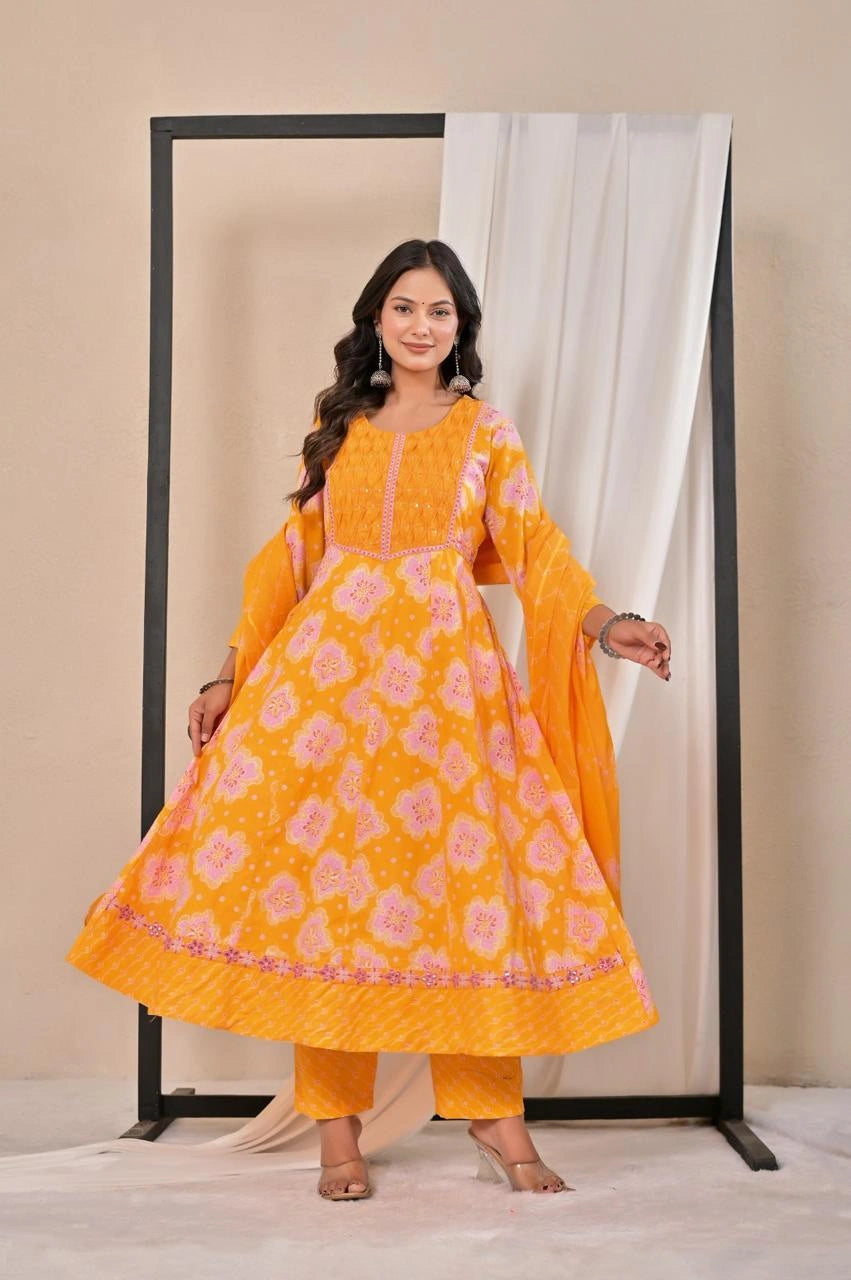 Women’s Printed Anarkali Kurta Pant Dupatta Set with Embroidered Yoke