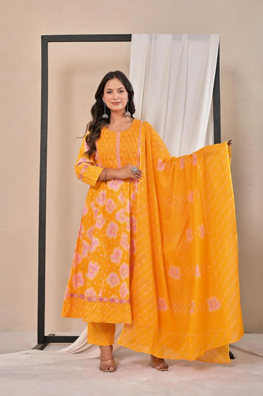 Women’s Printed Anarkali Kurta Pant Dupatta Set with Embroidered Yoke