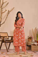 Women’s Straight Printed Kurta Pant Dupatta Set with Handworked Yoke & Tassels
