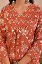 Women’s Straight Printed Kurta Pant Dupatta Set with Handworked Yoke & Tassels