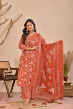 Women’s Straight Printed Kurta Pant Dupatta Set with Handworked Yoke & Tassels