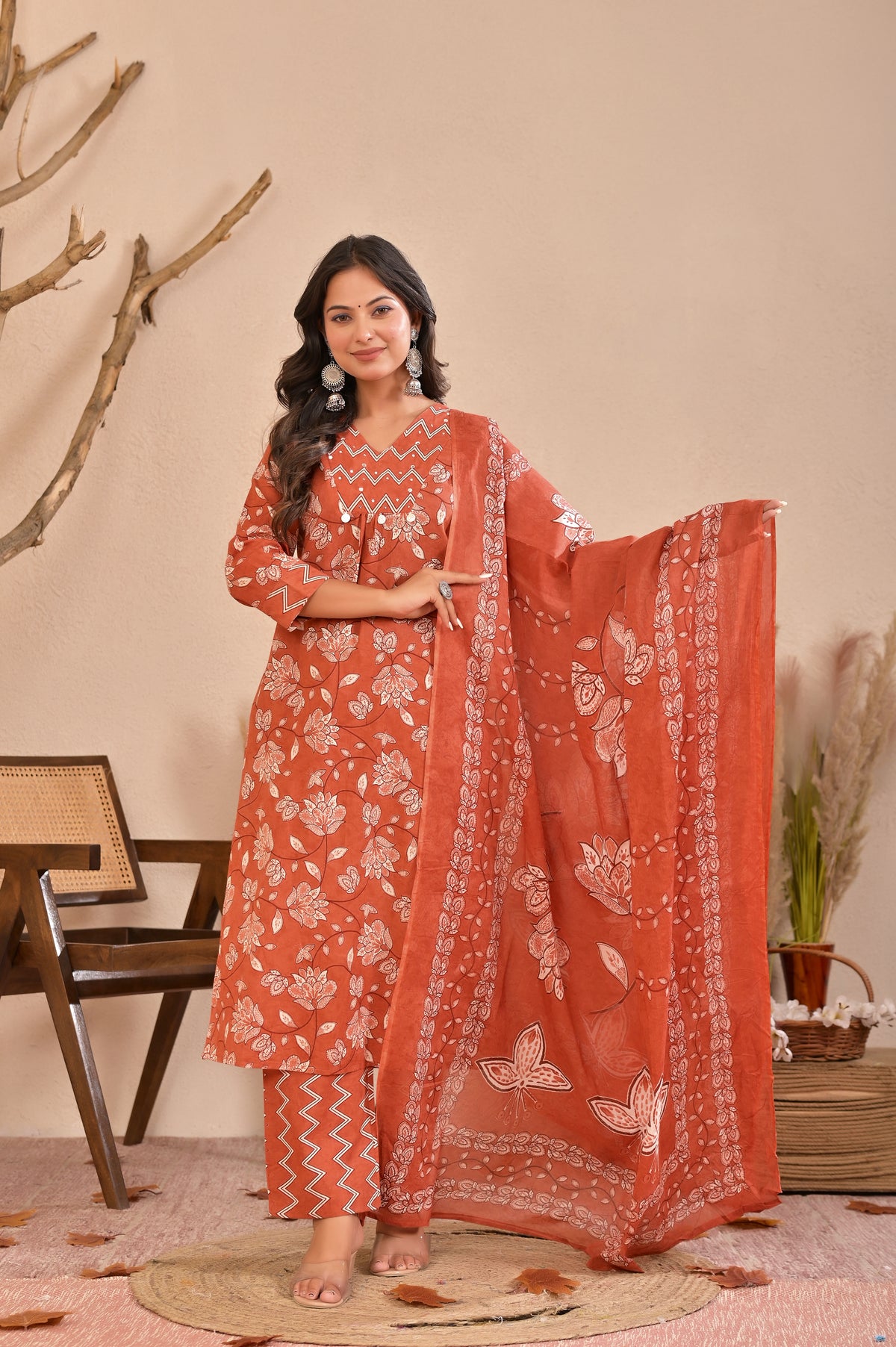 Women’s Straight Printed Kurta Pant Dupatta Set with Handworked Yoke & Tassels