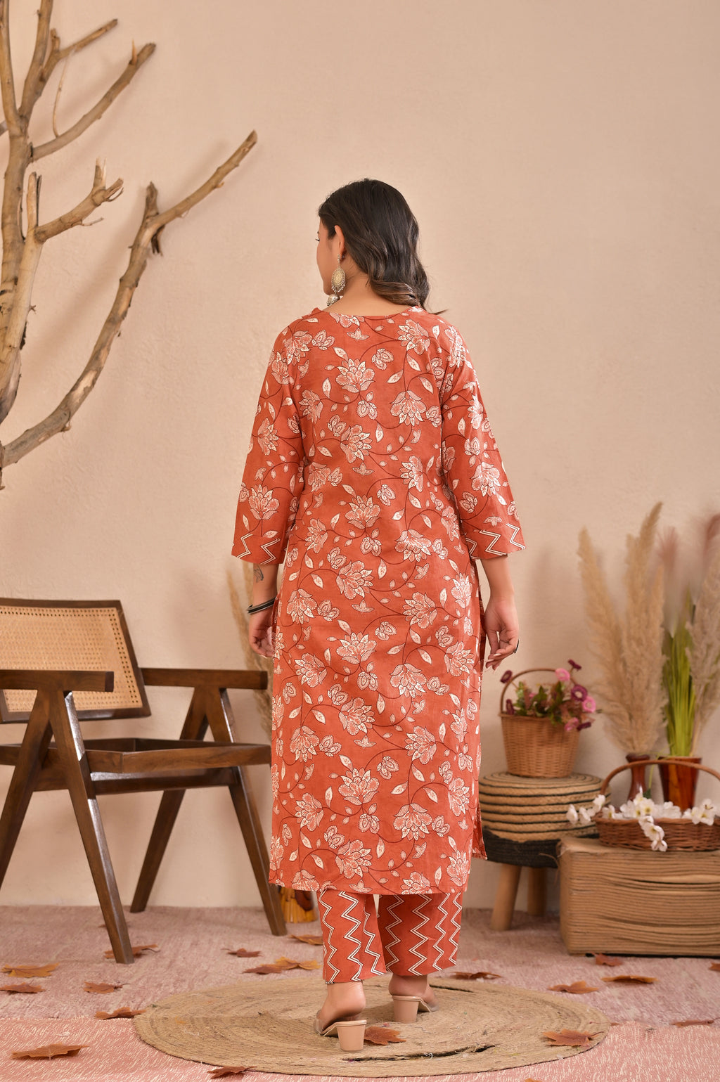 Women’s Straight Printed Kurta Pant Dupatta Set with Handworked Yoke & Tassels