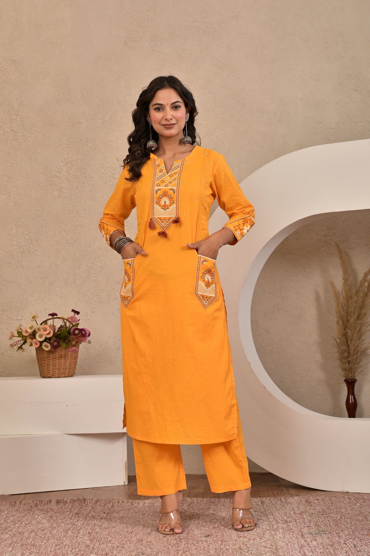 Women’s Embroidered Kurta Set with Lace, Handwork & Tassel Details