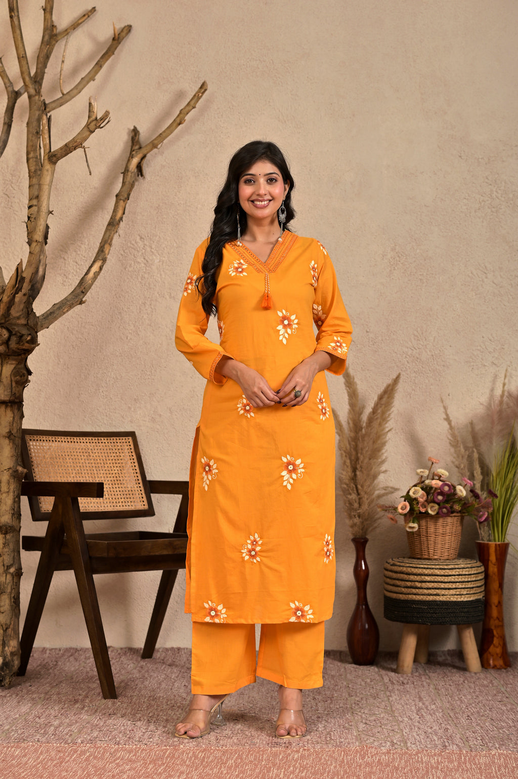Women’s Embroidered Kurta Set with V-Neckline & Tassel Detailing