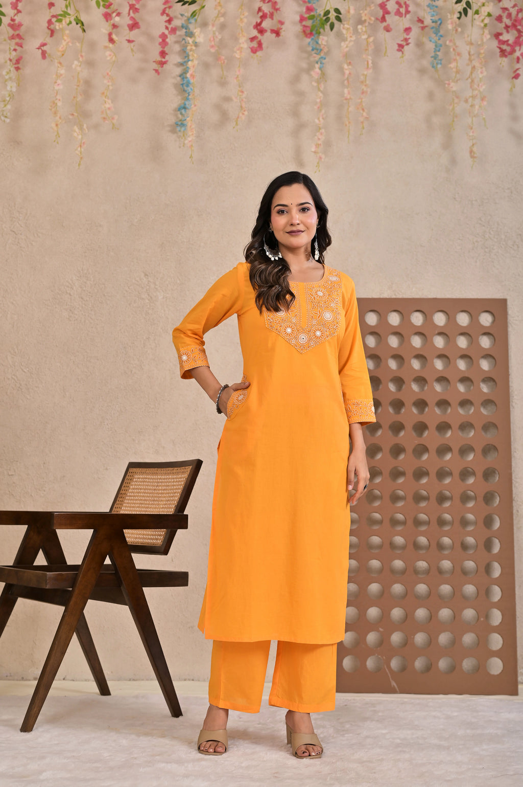 Women’s Embroidered Kurta Pant Dupatta Set with Floral Yoke