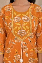 Women’s Straight Printed Kurta Set with Embroidered Yoke & Tassels