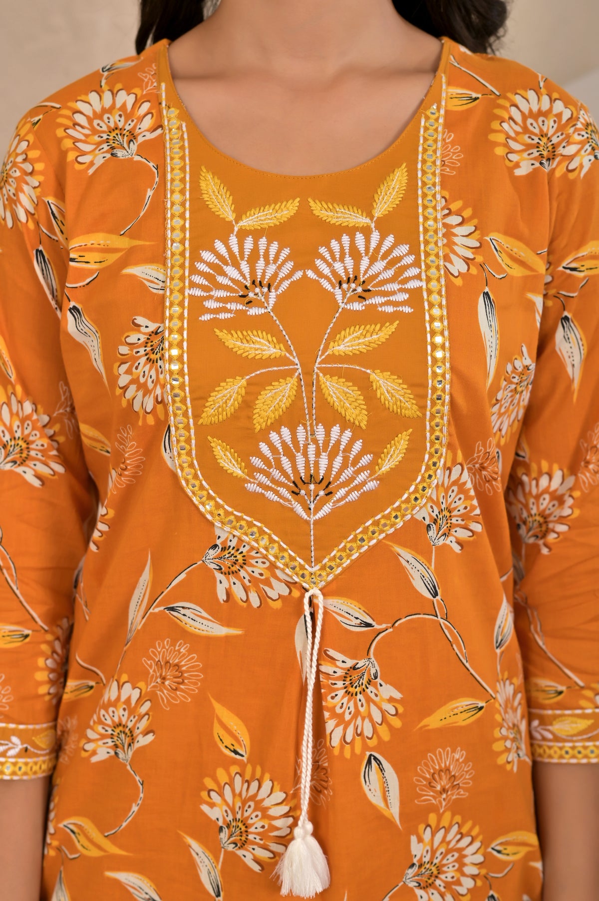 Women’s Straight Printed Kurta Set with Embroidered Yoke & Tassels