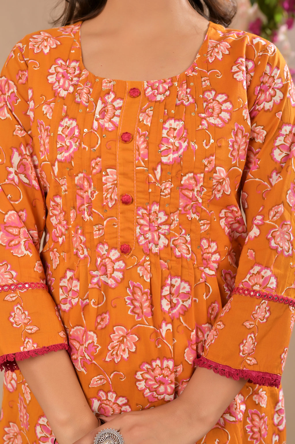 Women’s A-Line Printed Kurta Pant Dupatta Set with Handwork & Button Detail