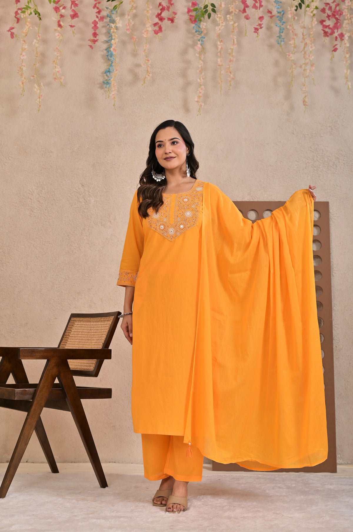 Women’s Embroidered Kurta Pant Dupatta Set with Floral Yoke