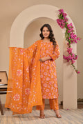 Women’s A-Line Printed Kurta Pant Dupatta Set with Handwork & Button Detail