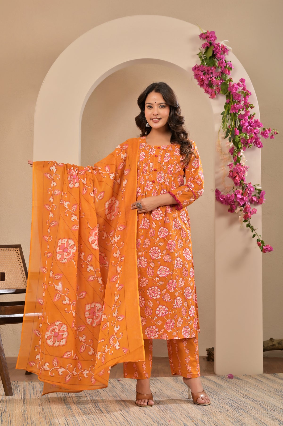 Women’s A-Line Printed Kurta Pant Dupatta Set with Handwork & Button Detail