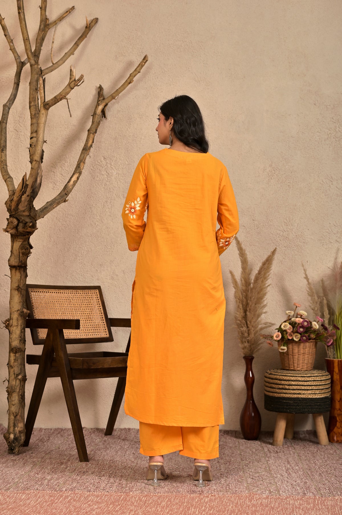 Women’s Embroidered Kurta Set with V-Neckline & Tassel Detailing