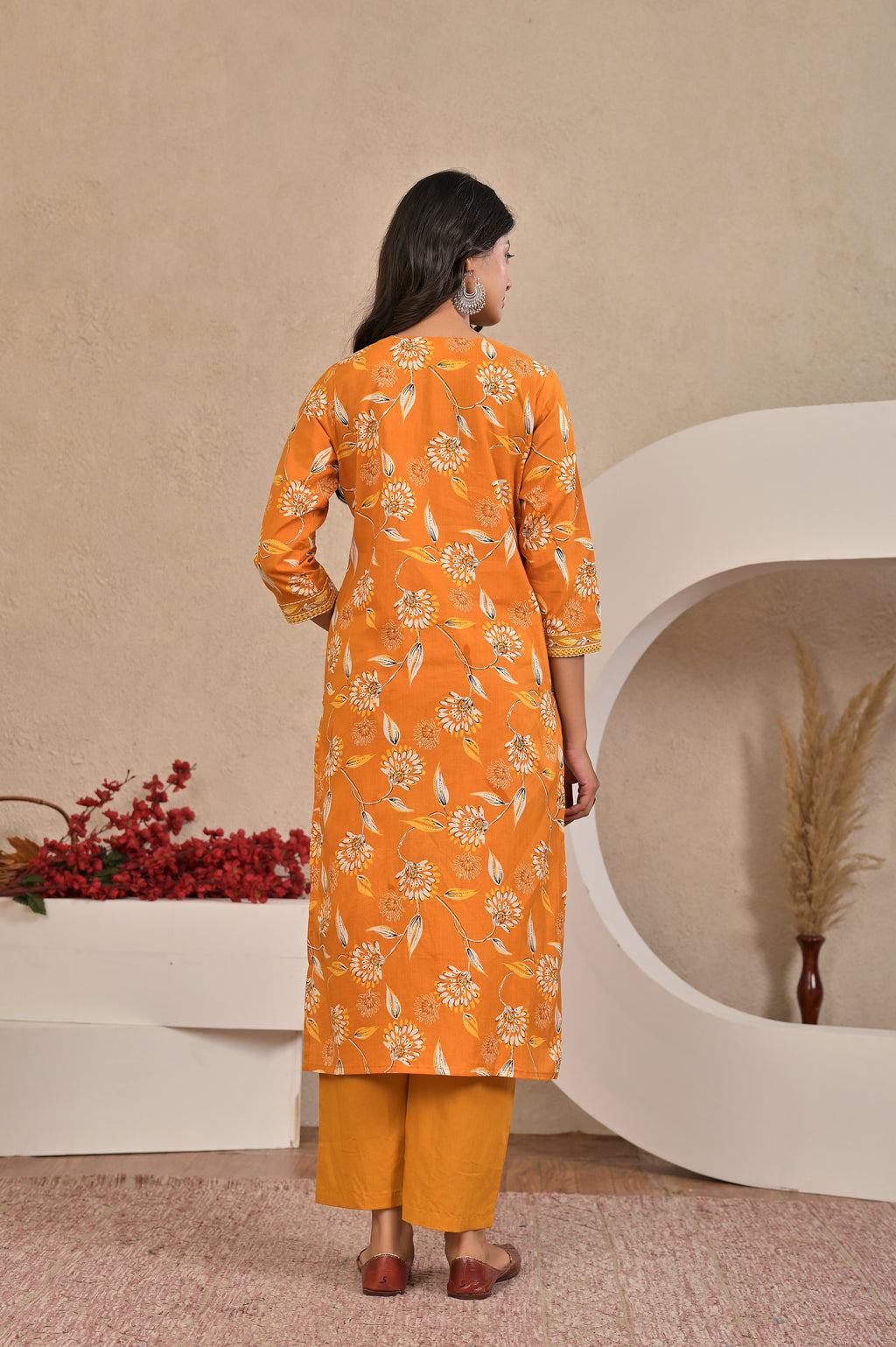 Women’s Straight Printed Kurta Set with Embroidered Yoke & Tassels