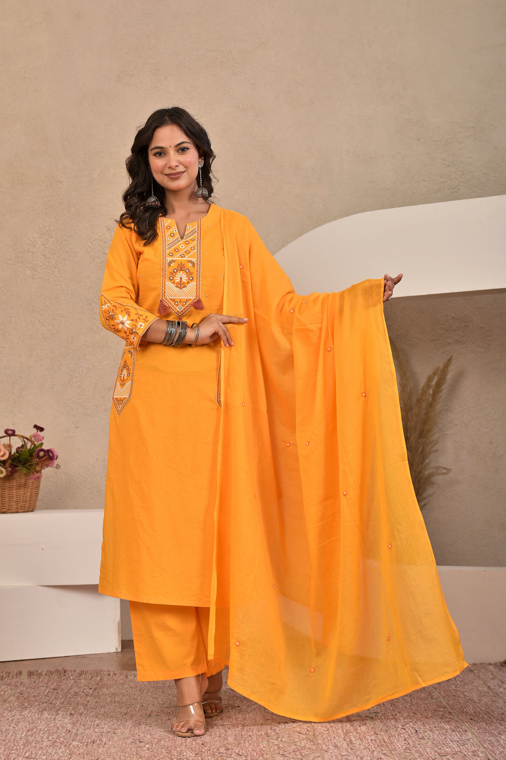 Women’s Embroidered Kurta Set with Lace, Handwork & Tassel Details
