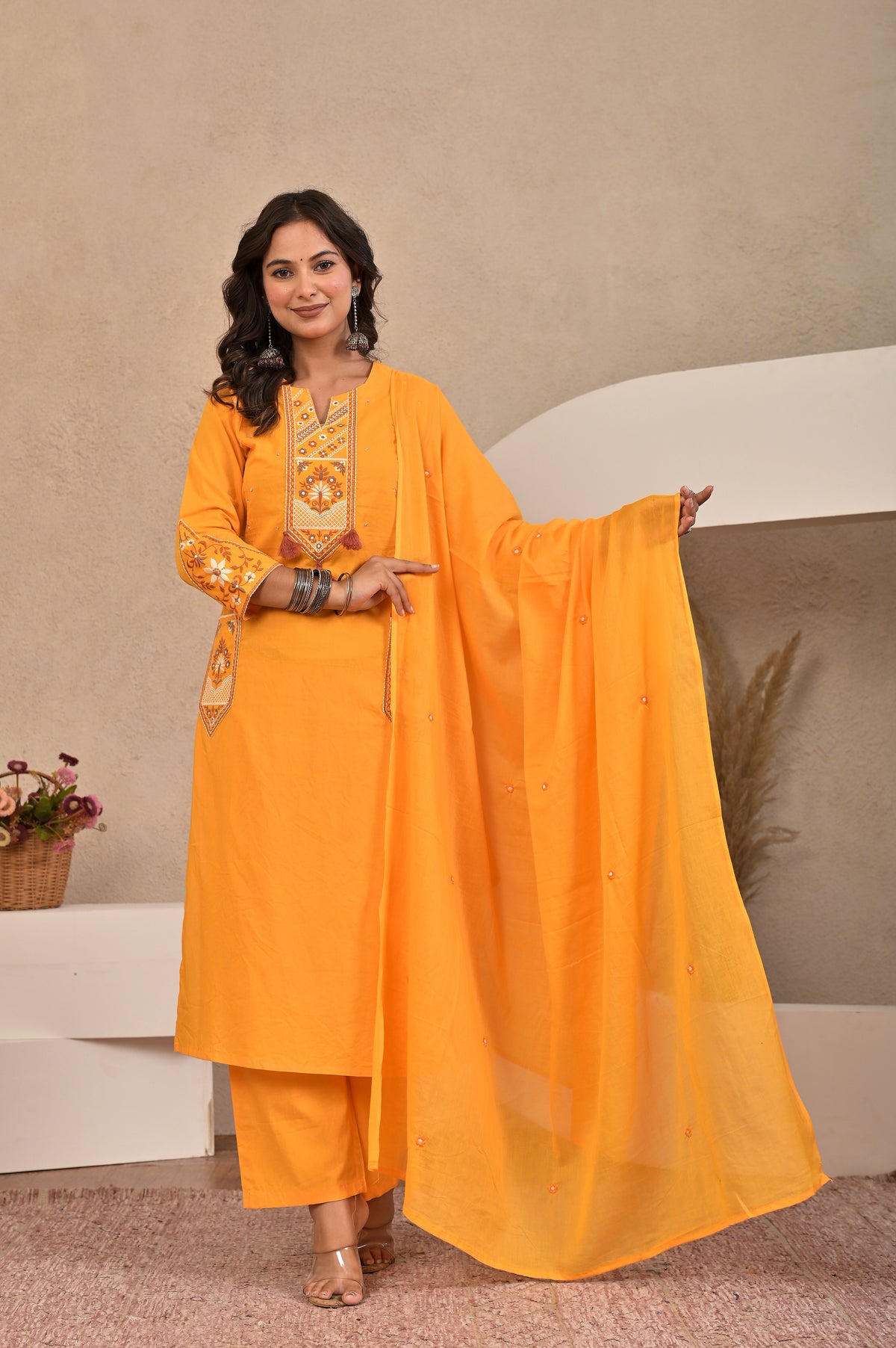 Women’s Embroidered Kurta Set with Lace, Handwork & Tassel Details