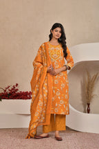 Women’s Straight Printed Kurta Set with Embroidered Yoke & Tassels