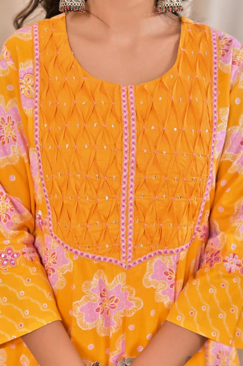 Women’s Printed Anarkali Kurta Pant Dupatta Set with Embroidered Yoke