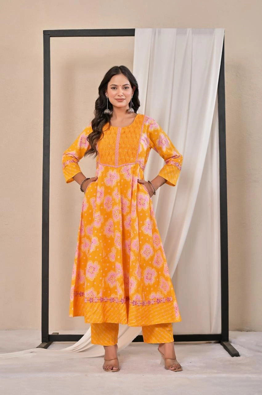 Women’s Printed Anarkali Kurta Pant Dupatta Set with Embroidered Yoke