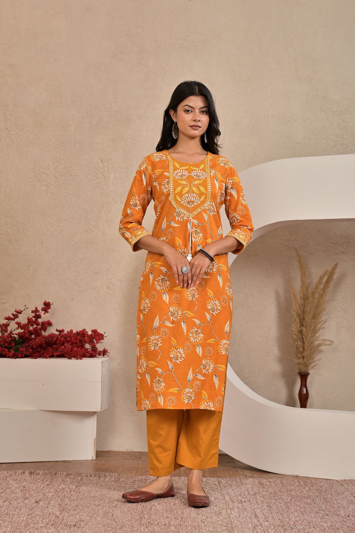 Women’s Straight Printed Kurta Set with Embroidered Yoke & Tassels