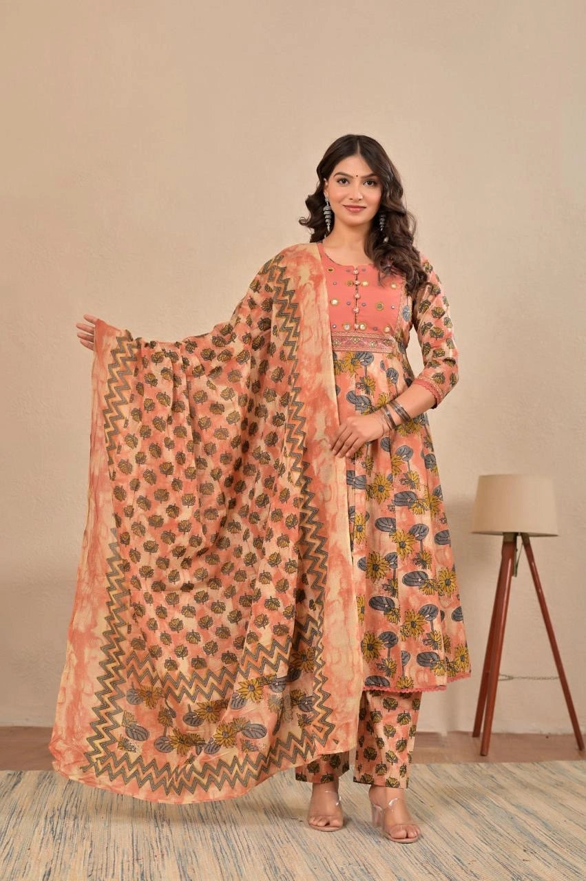 Women’s Anarkali Printed Kurta Set with Embroidered Yoke & Dupatta