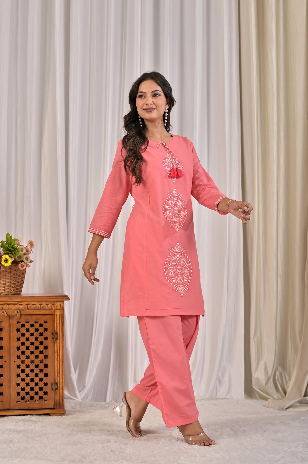 Embroidered Co-ord Set with Tassel Yoke & 3/4 Sleeves