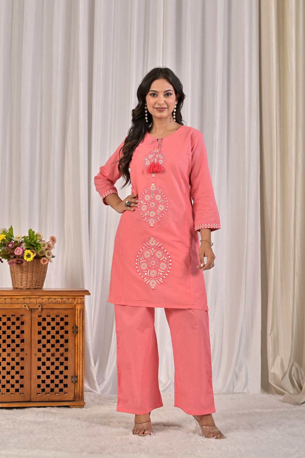 Embroidered Co-ord Set with Tassel Yoke & 3/4 Sleeves