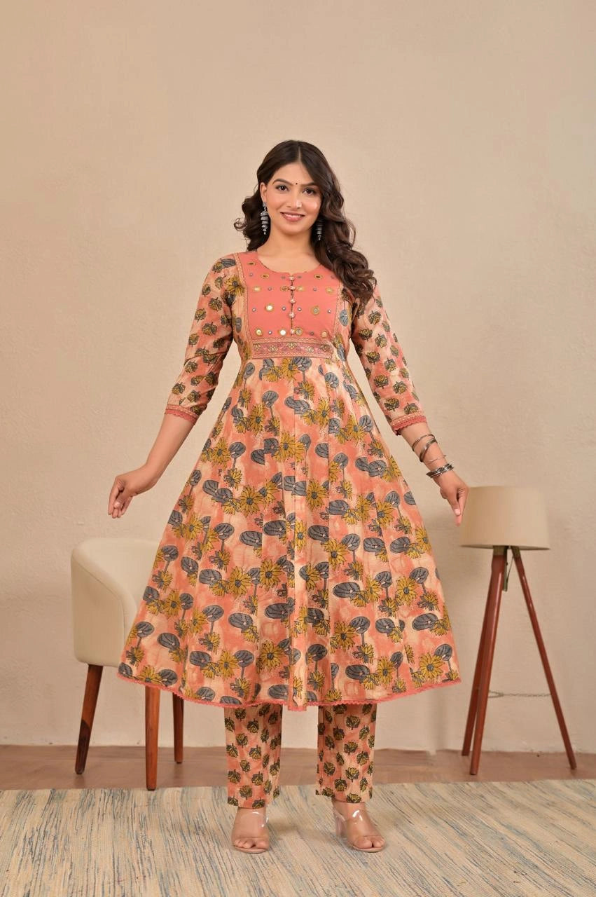 Women’s Anarkali Printed Kurta Set with Embroidered Yoke & Dupatta