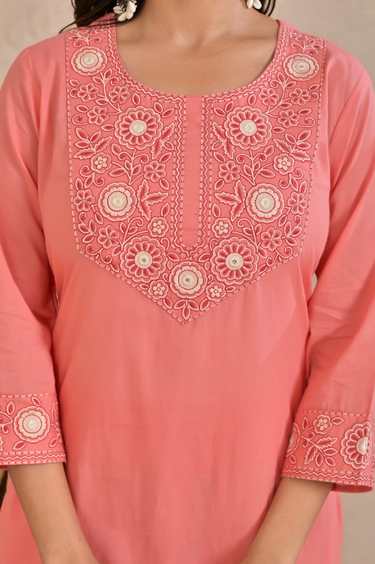 Women’s Embroidered Kurta Pant Dupatta Set with Floral Yoke
