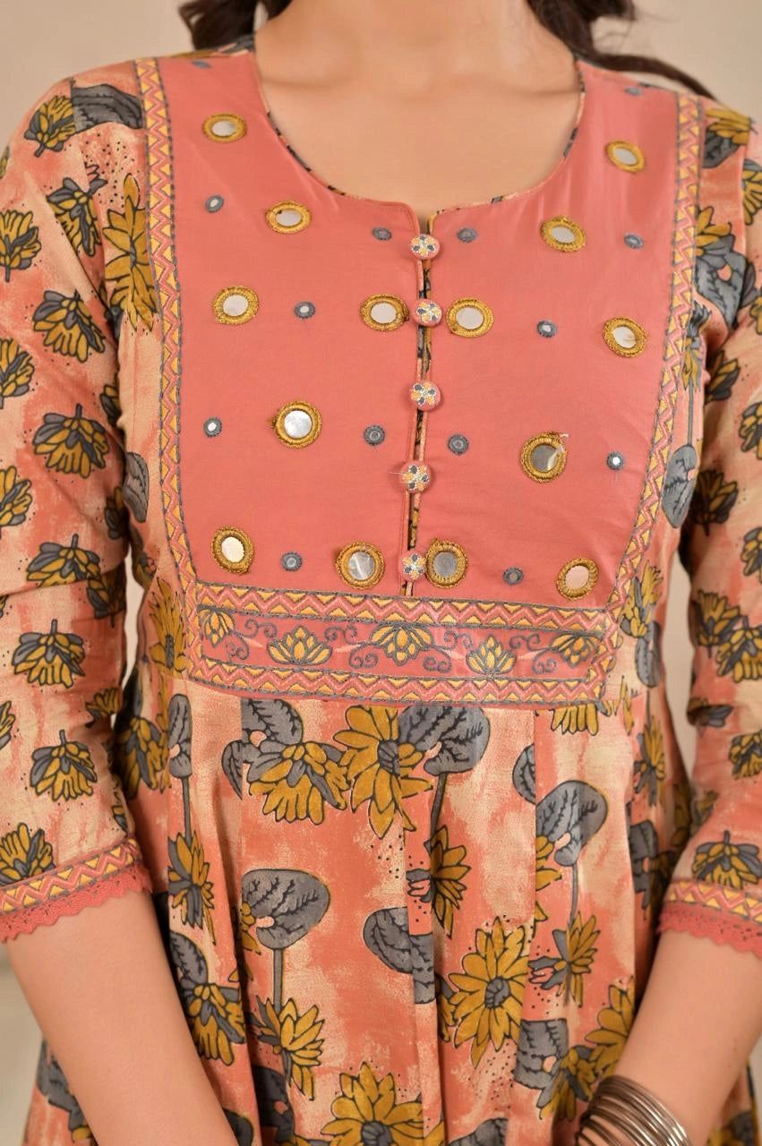 Women’s Anarkali Printed Kurta Set with Embroidered Yoke & Dupatta