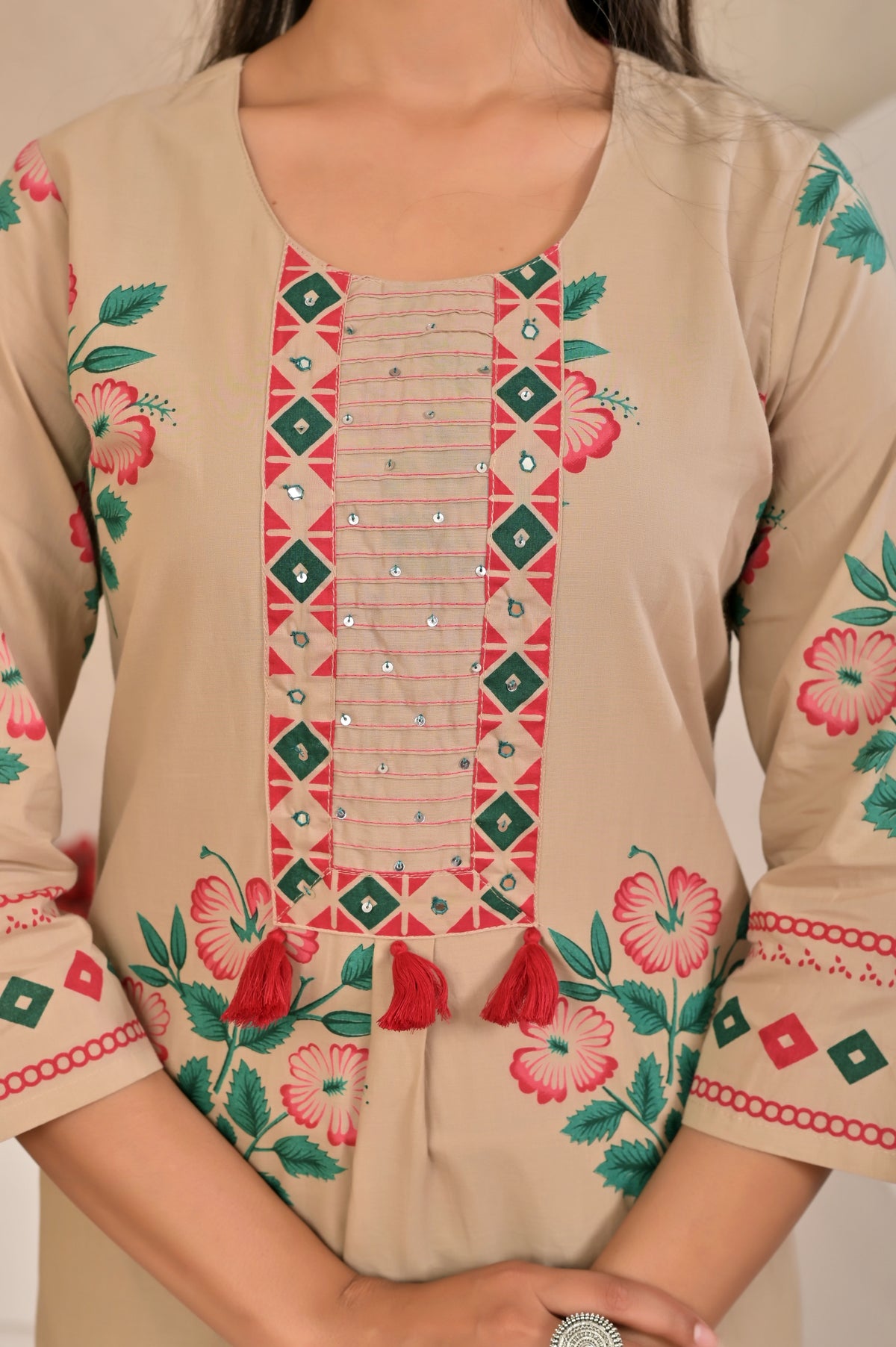 Women’s Panel Printed Kurta Set with Pin Tucks, Handwork & Tassels
