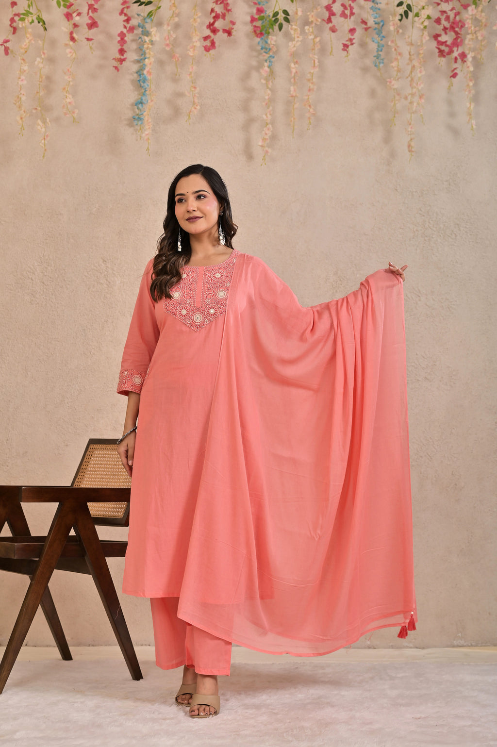 Women’s Embroidered Kurta Pant Dupatta Set with Floral Yoke